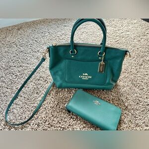 Coach Mini Emma Satchel Purse Handbag / Slim Wallet Set In Rare Jade Green Color